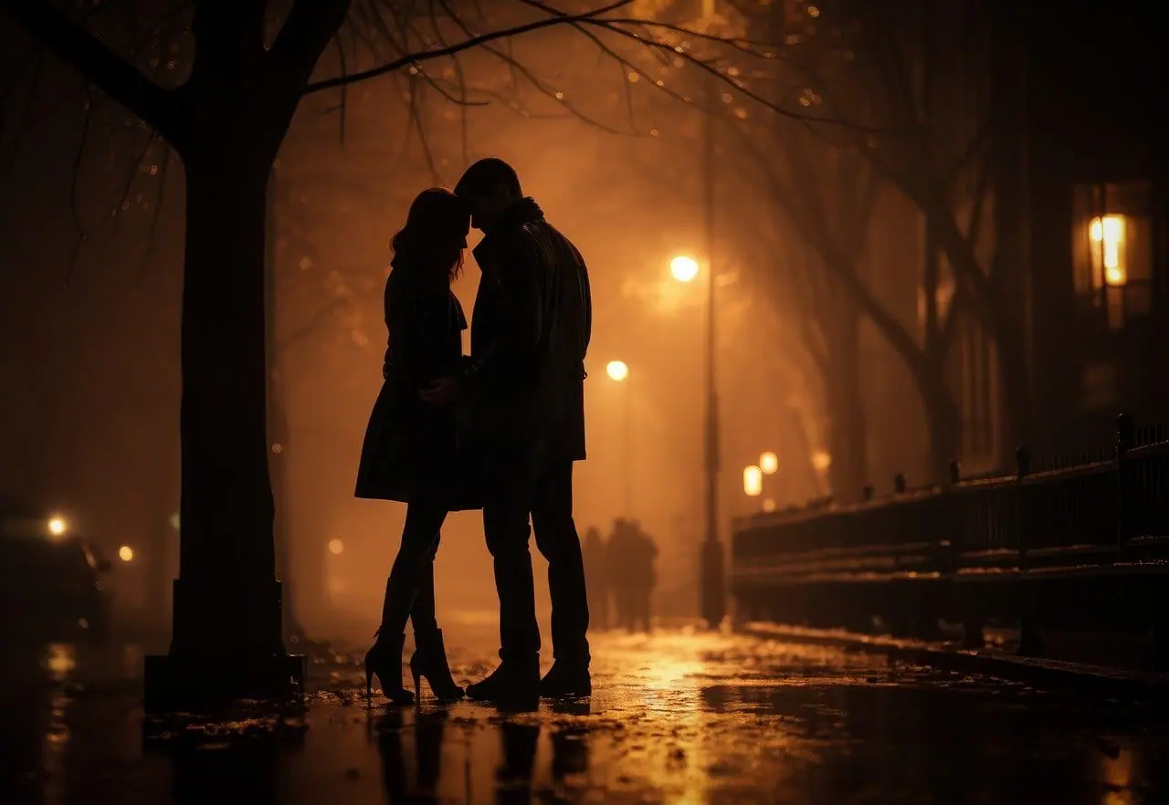 A couple walking close together at night, a moment of connection that premarital counselling helps protect
