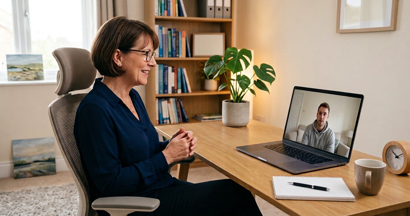 Psychotherapy in London and Online 3 Woman having an online psychotherapy session with a psychologist by video call from home