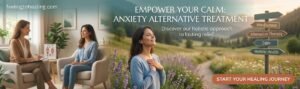 a woman breathing deeply after receiving anxiety treatment at feeling to healing