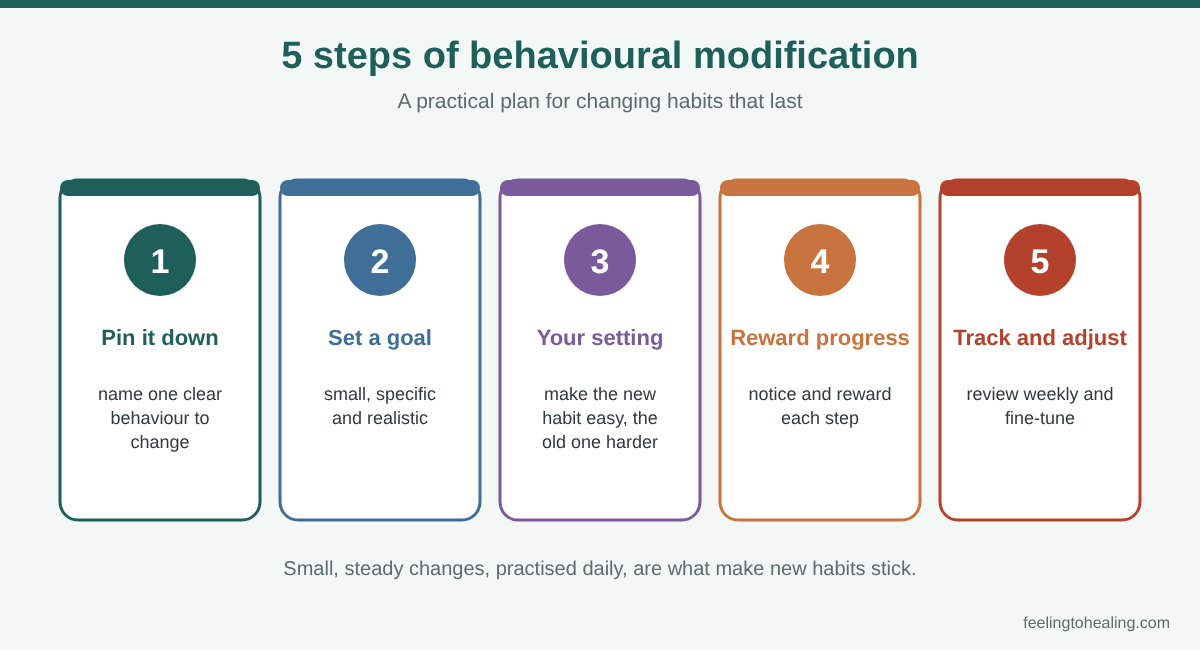Behavioural Modification Therapy in London and Online 4 The 5 steps of behavioural modification: pin down the behaviour, set a goal, change your setting, reward progress, track and adjust