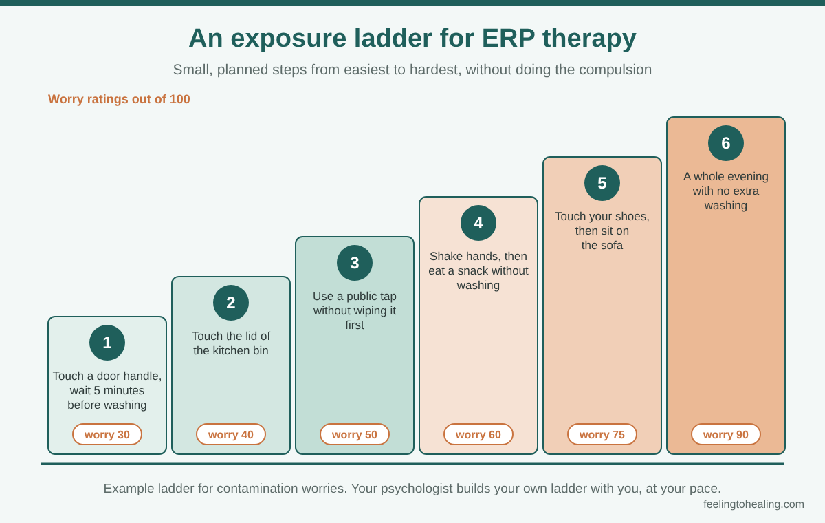 OCD Treatment in London and Online 3 Example exposure ladder used in ERP therapy, with six steps from touching a door handle to a whole evening without extra washing