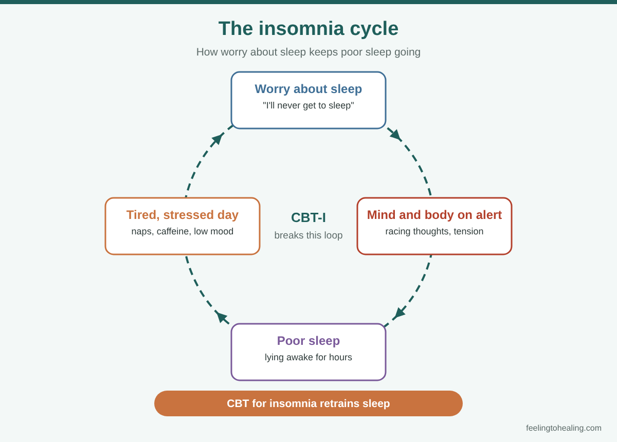 Sleep Disorder and Insomnia Treatment in London and Online 2 Diagram of the insomnia cycle: worry about sleep, mind and body on alert, poor sleep and a tired day, which insomnia treatment with CBT-I breaks